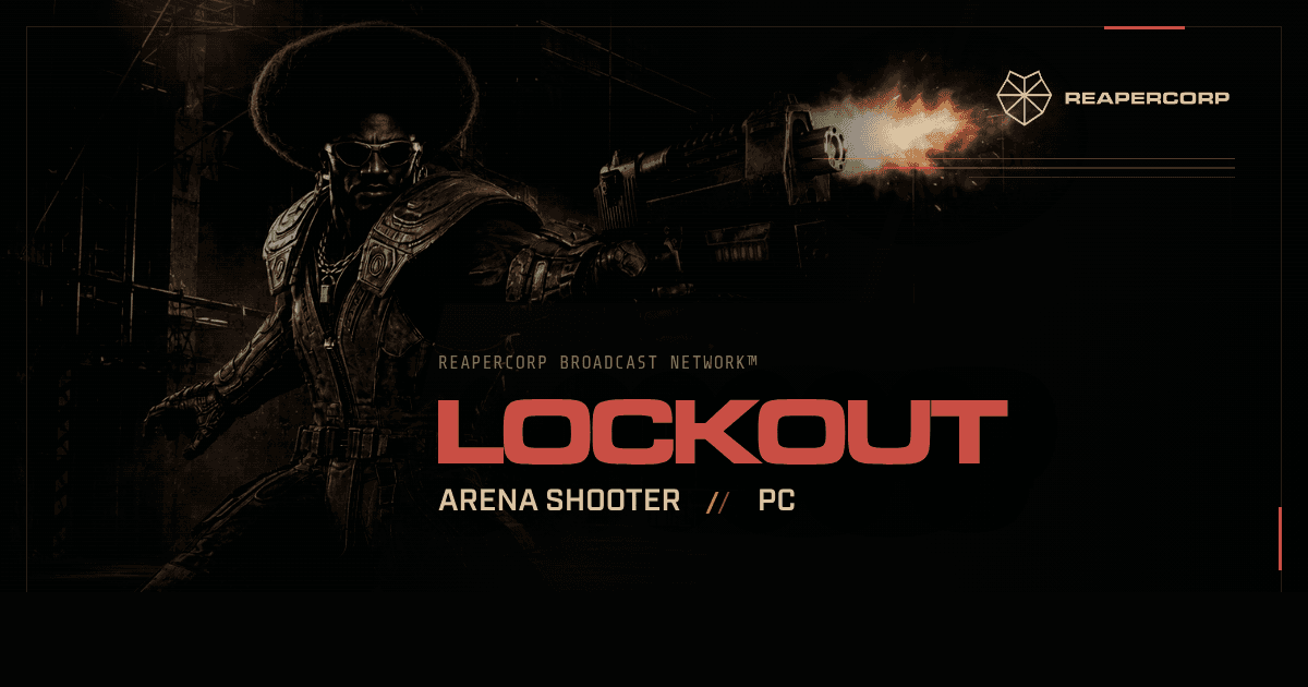 LOCKOUT arena shooter broadcast artwork featuring Boogie firing in an industrial venue